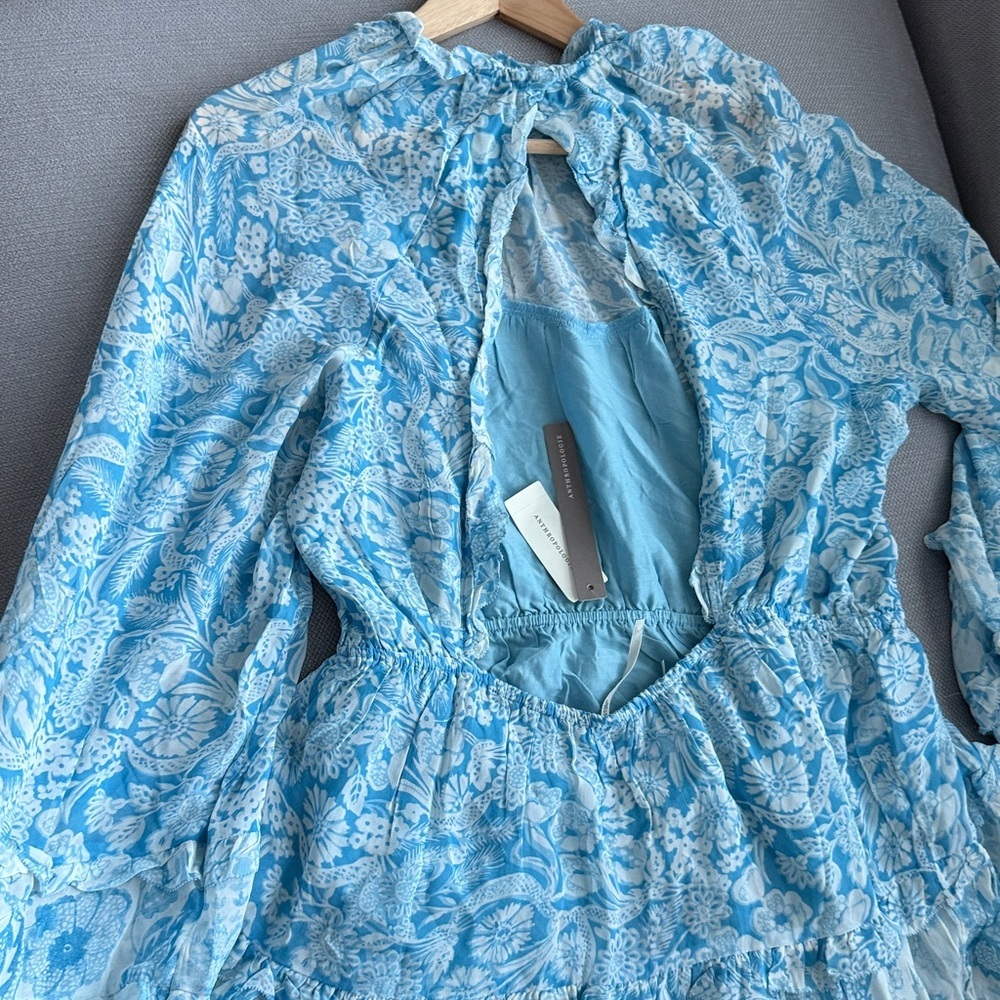 Anthropologie Long-Sleeve Backless Sheer Ruffle Mini Dress , Size L - Picture 8 of 13